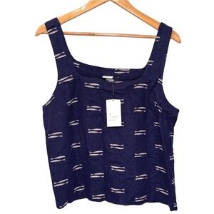A New Day Linen Tank Top Navy Blue Fish Print Square Neck Sleeveless Women's L